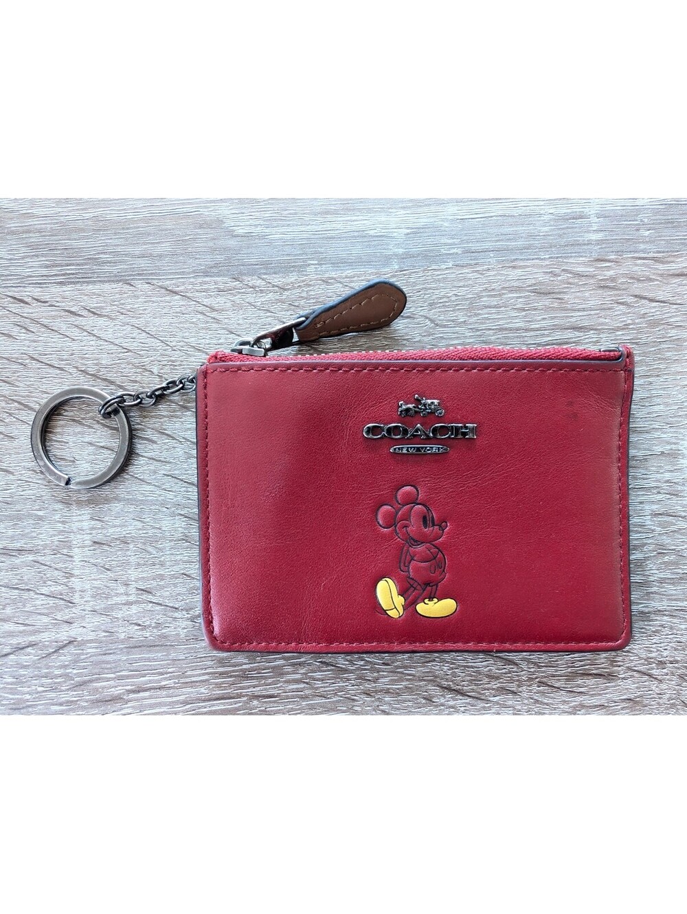 Coach Disney Mickey Mouse Red Zip Card Case Wallet w/ Key Ring for Women